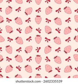 Cute hand-drawn seamless pattern with strawberries and bows. Designed for wrapping paper, packaging, fabric, and textile. Vector illustration.