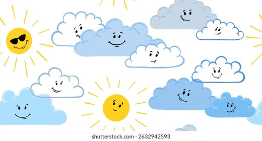 Cute hand-drawn seamless pattern with suns and clouds in a childish style. cartoon daytime sky. Weather character with smile face. Repeated print with happy doodle sun, funny clouds.