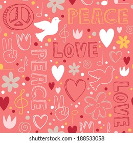Cute hand-drawn seamless pattern with symbols of peace - doves, hearts, peace signs, flowers and lettering