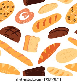 Cute hand-drawn seamless pattern with various traditional French, Italian and others bread varieties. Isolated cartoon style vector illustration.