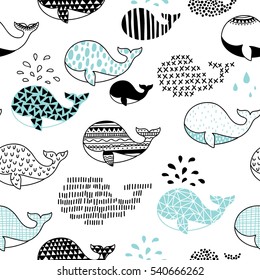 cute hand-drawn seamless pattern with whale