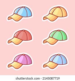 Cute hand-drawn set of baseball caps in doodle cartoon style. Kawaii elements in neutral candy colors for card, social media banner, sticker, print, decoration kids playroom. Vector illustration.