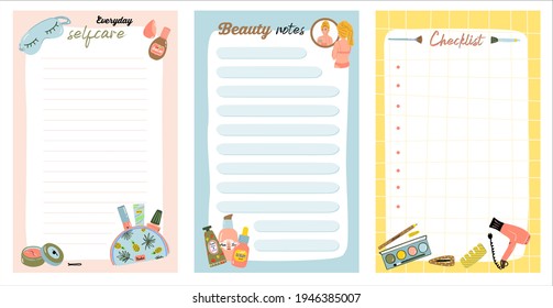 Cute Handdrawn Set Of Beauty And Makeup Sheets. Selfcare To Do List, Checklist Planner. Weekly Or Daily Note Cards With Everyday Cosmetic Procedures.