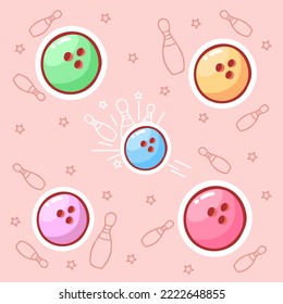 Cute hand-drawn set of bowling balls in doodle cartoon style. Composition in neutral candy colors. Kawaii element for card, social media banner, sticker, kids playroom decor. Vector illustration.