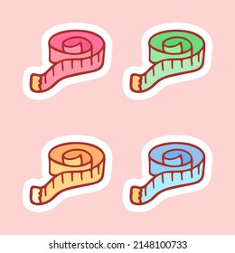 Cute hand-drawn set of centimeter tape in doodle cartoon style. Round composition in neutral candy colors. Kawaii element for card, social media banner, sticker, kids playroom decor. Vector.