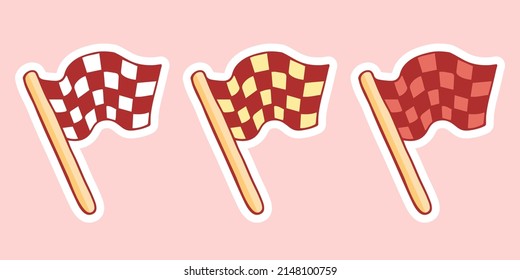 Cute hand-drawn set of checkered racing flag in doodle cartoon style. Round composition in neutral candy colors. Kawaii element for card, social media banner, sticker, kids playroom decor. Vector.