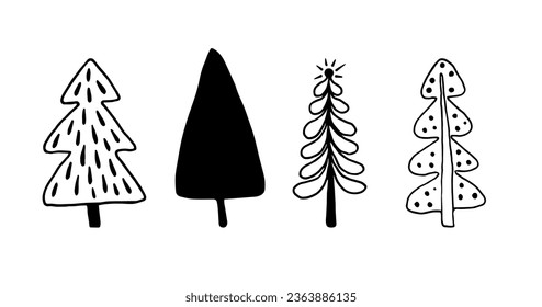 Un bonito conjunto de ilustraciones de árbol de Navidad dibujadas a mano. Ilustración vectorial de garabatos para diseño festivo, logotipos, tarjetas de felicitación y decoraciones. Aislado sobre un fondo blanco.