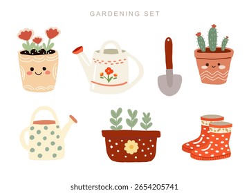 Cute hand-drawn set of gardening elements, cozy cottage core art. Vector illustration EPS 10