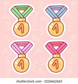 Cute hand-drawn set of medals for winner in doodle cartoon style. Composition in neutral candy colors. Kawaii element for card, social media banner, sticker, kids playroom decor. Vector illustration.