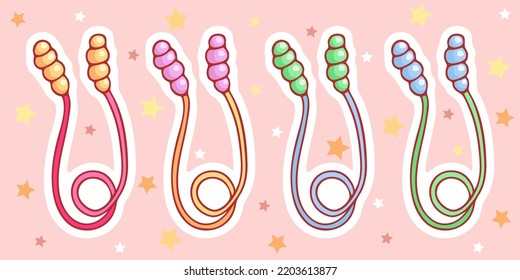 Un conjunto de cuerdas de saltar dibujadas a mano al estilo de las caricaturas de doodle. Composición dulce en colores neutros. Elemento Kawaii para tarjeta, banner de medios sociales, pegatina, decoración de sala de juegos para niños. Vector.