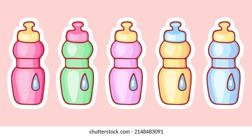 Cute hand-drawn set of sport water bottles in doodle cartoon style. Composition in neutral candy colors. Kawaii element for card, social media banner, sticker, decoration kids playroom. Vector.