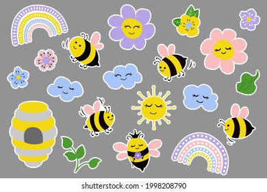 Cute hand-drawn set of stickers. Bees, flowers, clouds, rainbows, hives. Vector illustration. Cartoon style.
