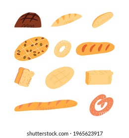 Cute hand-drawn set of various traditional French, Italian, American and others bread sorts. Cartoon vector isolated illustration.
