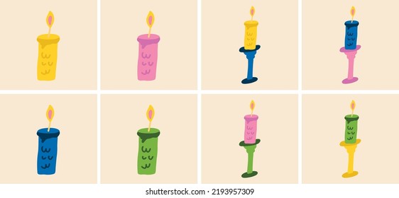 Cute hand-drawn set of vector illustrations with candles and candlestick. Square birthday card, holiday, greeting card. Social media images.