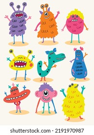 Cute hand-drawn set of vector isolated monsters. Colorful cartoon characters with big eyes and teeth. Flat vector design. Perfect for greeting cards, Halloween, or birthday invites.