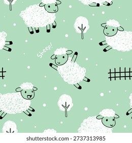 Cute Hand-Drawn Sheep Playtime Seamless Pattern
