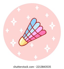 Cute hand-drawn shuttlecock in doodle cartoon style. Round composition in neutral candy colors. Kawaii element for card, social media banner, sticker, kids playroom decor. Vector illustration.