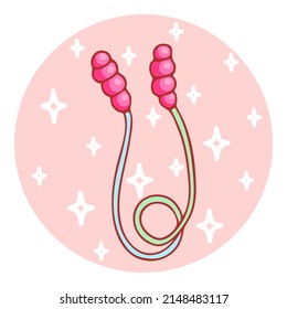 Cute hand-drawn skipping rope in doodle cartoon style. Round composition in neutral candy colors. Kawaii element for card, social media banner, sticker, decoration kids playroom. Vector illustration.