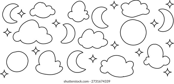 Cute hand-drawn sky doodles with clouds, moons, suns, and sparkles in a simple outline style. Playful celestial icons create a dreamy, whimsical mood. Perfect for kids designs, stickers, planners, and creative layouts.