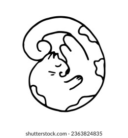 Cute hand-drawn sleeping cat on a white background. Sweet and hygge illustration for posters, banners, prints, and kids' playroom decoration.