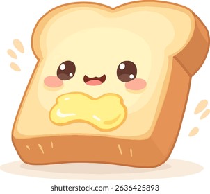 A cute hand-drawn slice of toast with a smiling face and melting butter on top. Simple kawaii style with clean lines and pastel colors, isolated on a white background.