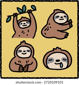 Lindo conjunto de ilustración de perezoso dibujado a mano con cuatro poses simples en un estilo de dibujos animados de contorno grueso. Los perezosos son mamíferos arbóreos de movimiento lento nativos de las selvas tropicales de América Central y del Sur. Ideal para la educación de la vida silvestre, la biología, la zoología y los diseños temáticos de la naturaleza.