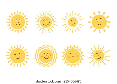 Cute handdrawn smiling suns on white background, vector eps10 illustration