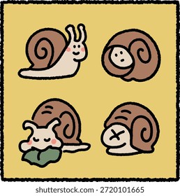 Um bonito conjunto de ilustração de caracol desenhado à mão com quatro caracóis de jardim gordinhos em poses relaxadas e engraçadas. Formas arredondadas, contornos grossos e cores planas suaves tornam esta arte perfeita para adesivos, ilustrações infantis, temas de vida lenta, designs acolhedores e personagens animais bonitos.