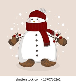 Cute hand-drawn snowman in a red hat and scarf with ornaments