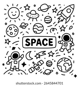 Ícones bonitos de rabiscar de espaço desenhado à mão em estilo de linha preta. Inclui astronauta, foguete, planetas, OVNI, estrelas, lua, satélite, Terra e elementos do sistema solar. Excelente para materiais de aprendizagem para crianças, espaço-th