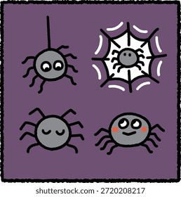Lindo conjunto de ilustración de araña dibujado a mano con cuatro arañas grises amigables en diferentes poses y expresiones. Perfecto para el diseño de niños, materiales educativos, temas de Halloween y gráficos de animales juguetones.