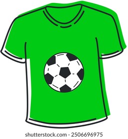 Cute hand-drawn of sport soccer green t-shirts in doodle cartoon style with ball. Composition in neutral candy colors. Kawaii element for card, social media banner, sticker, kids playroom decor