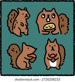 Cute hand-drawn squirrel illustration set featuring four friendly cartoon squirrels in different poses. Ideal for kids design, education materials, nature themes, and playful visual content.