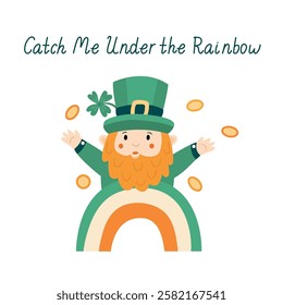 Cute hand-drawn St. Patrick’s Day illustration with a cheerful leprechaun, rainbow, gold coins, and festive lettering. Perfect for greeting cards, posters, and decorations