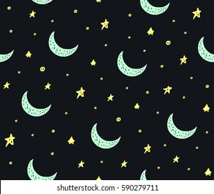 Cute handdrawn stars and moon seamless vector pattern gray with blue and yellow