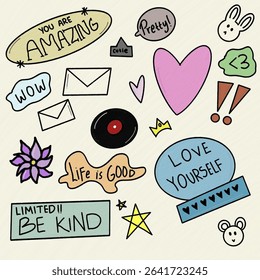 Cute hand-drawn sticker set with motivational quotes, hearts, stars, and doodles. Perfect for planners, journals, scrapbooking, and kids’ learning materials.
