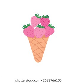 Cute hand-drawn strawberry ice cream cone, isolated vector for summer treats, dessert menus, and children-friendly food illustrations.