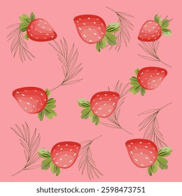 Cute Hand-Drawn Strawberry Pattern with Green Leaves on a Pink Background for Food and Decorative Designs