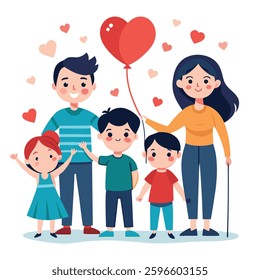 Cute hand-drawn style children with parents, holding heart-shaped balloons, symbolizing love and care. Happy Children's Day.