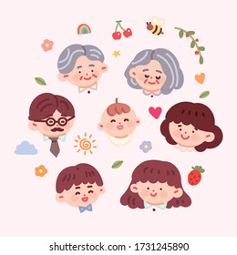 Cute Hand-drawn Style Illustration Of A Family Face. Grandmother, Grandfather, Mom, Dad, Sister, Brother, Baby.