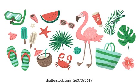 Cute hand-drawn summer and beach clipart set, perfect for decorating surfaces, prints and crafting projects. A total of 20 items. Vector illustration.