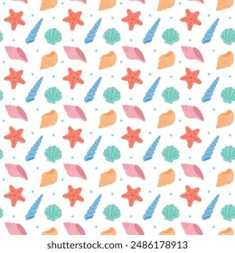 A cute hand-drawn summer sea concept patterned background illustration. Illustration of starfish, clams, coral, conch, horned conch, and conch.