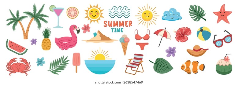 Cute hand-drawn summer vacation icons set. Beach travel doodles including palm trees, smiling suns, fruits, flowers, seafood, bikinis and cocktails. Fun coastal elements for prints and cards