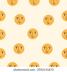 Cute Hand-Drawn Sun Faces Seamless Pattern. A colorful and cute pattern of smiling suns on a light background. The suns have various facial expressions and are arranged in a playful, repeating pattern