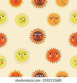 Cute Hand-Drawn Sun Faces Seamless Pattern. A colorful and cute pattern of smiling suns on a light background. The suns have various facial expressions and are arranged in a playful, repeating pattern