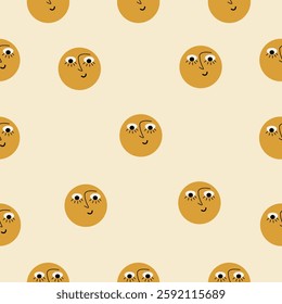 Cute Hand-Drawn Sun Faces Seamless Pattern. A colorful and cute pattern of smiling suns on a light background. The suns have various facial expressions and are arranged in a playful, repeating pattern