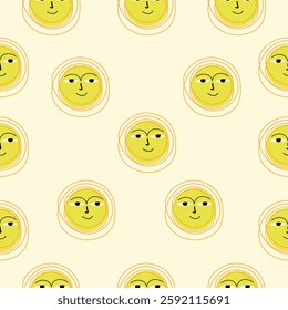 Cute Hand-Drawn Sun Faces Seamless Pattern. A colorful and cute pattern of smiling suns on a light background. The suns have various facial expressions and are arranged in a playful, repeating pattern