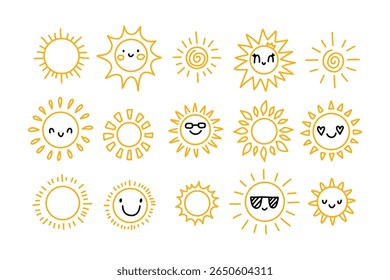 Cute hand-drawn sun icon set in orange and black. Kawaii doodle suns with smiling faces, hearts, and sunglasses. Fun summer clipart isolated on white background, perfect for kids and decor.