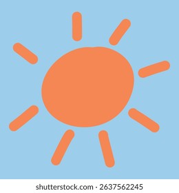 Cute hand-drawn sun icon with simple doodle rays. Illustrated in warm orange on blue background. Great for summer designs, kids graphics, or weather-related materials.