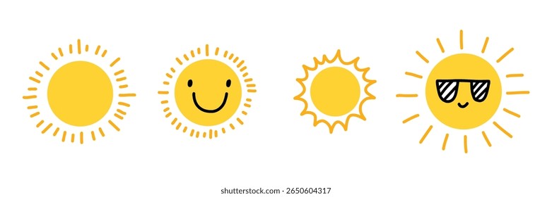 Um conjunto bonito de ícones desenhados à mão. Sol sorridente, sol com óculos escuros, rabiscos simples e ondulados. Ilustração de verão amarelo brilhante para crianças, clima ou design sazonal. Ilustração vetorial